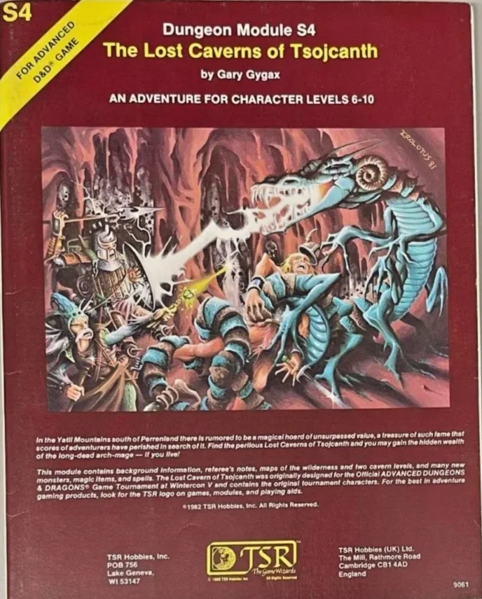 Cover of a D&D adventure module titled "The Lost Caverns of Tsojcanth" for Dungeon Module S4, showing a fantasy battle scene with adventurers fighting a large, serpent-like creature with multiple limbs and a dragon-like head, set in a cavern with stalactites and stalagmites.