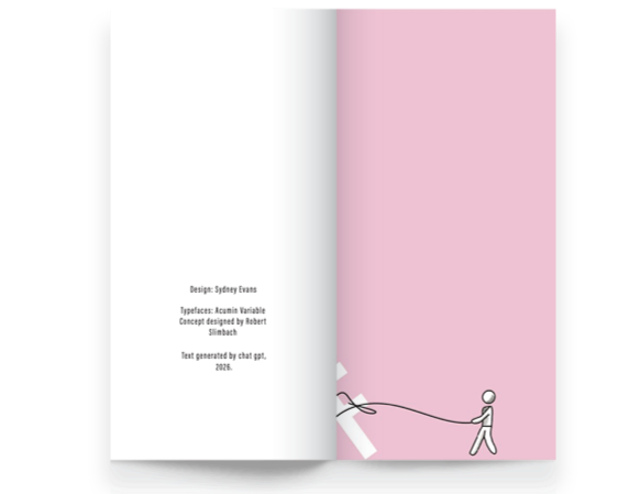 An open book showing the credits on the left page and an illustration of a person pulling a white object on a pink background on the right page.