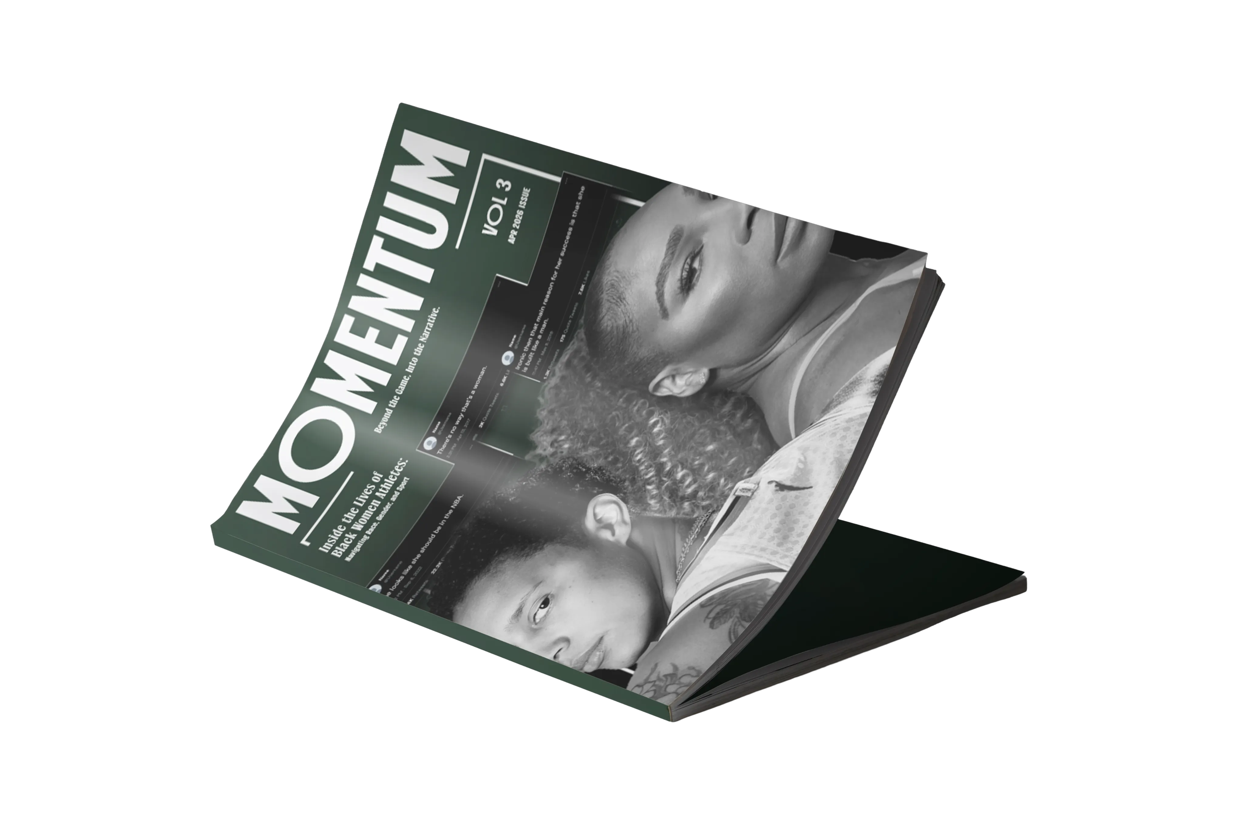A magazine titled 'MONUTU' with a grayscale cover featuring a portrait of a woman with closed eyes and curly hair.