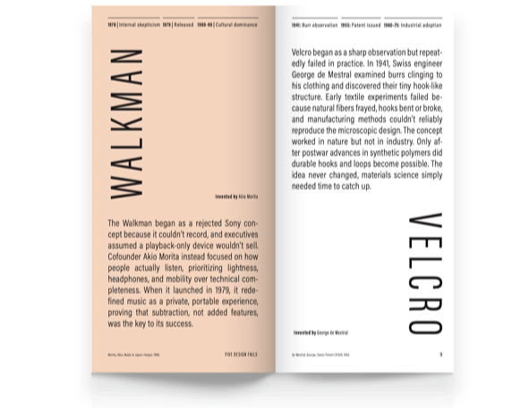 Open book with two pages visible. The left page has the title 'WALKMAN' vertically, and the right page has a headline 'VELCRO' written vertically. The text on both pages discusses the history and development of these products.