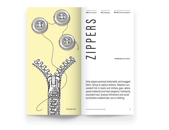 An illustration of three buttons resembling zippers with strings, attached to a zipper mechanism, depicting the concept of early zippers.