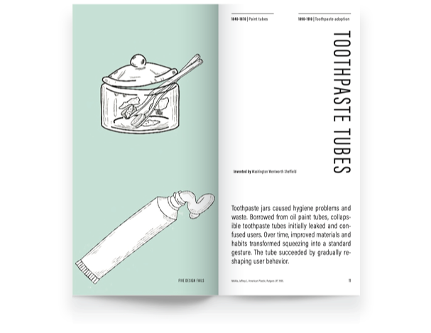 Illustration of a glass jar with a lid, spoon, and toothbrush on the left page, and a tube of toothpaste on the right page, part of a book about toothpaste tubes.