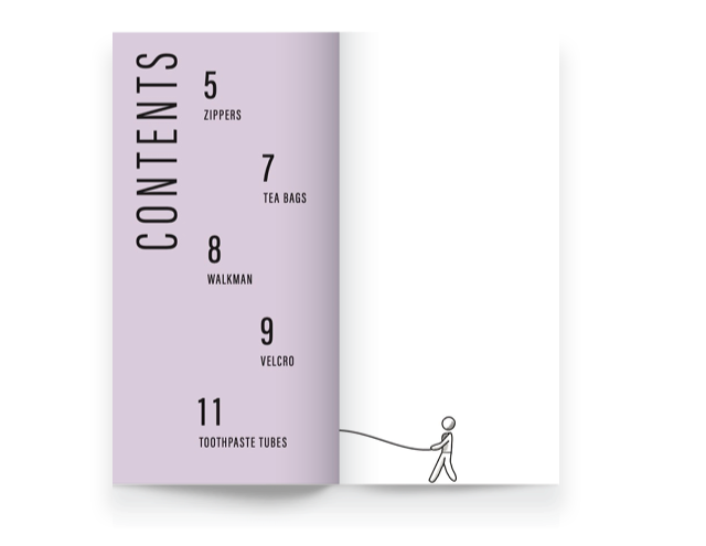 A page from a book or magazine listing various personal care and household items with their page numbers, including zippers, tea bags, a walkman, Velcro, and toothpaste tubes, with a small stick figure holding a string attached to the page.