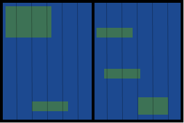 A digital audio workstation interface with blue background and green and black audio tracks