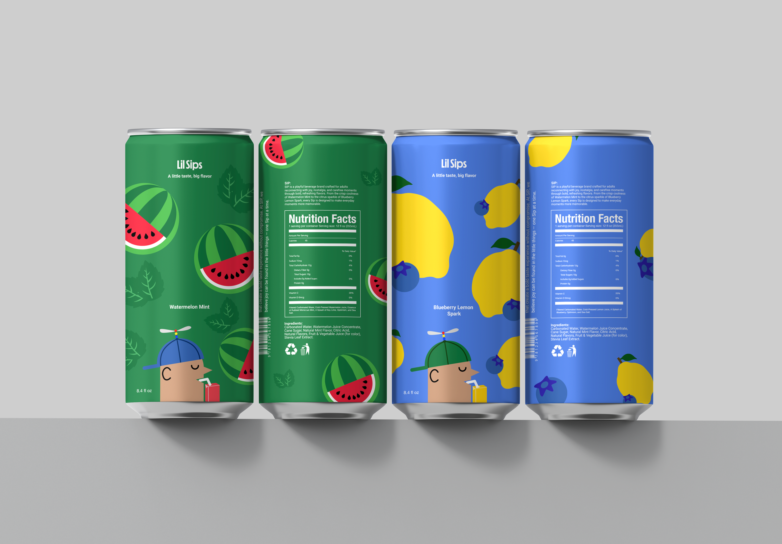 Four beverage cans with colorful labels, featuring watermelon, blueberry, lemon, and fruit illustrations, with a cartoon character drinking from a juice box on two of the cans.