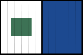 A green square on the left and a larger blue square on the right, both with vertical lines.