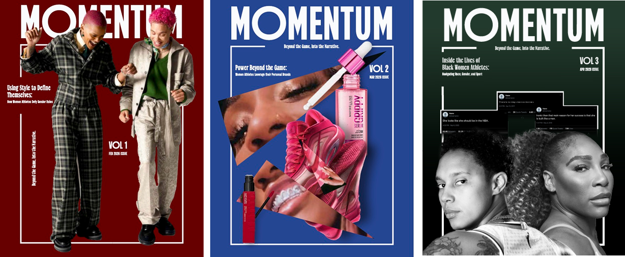 Three magazine covers for 'MOMENTUM', each with different designs. The first has two women with colorful hair and stylish clothing on a red background. The second features makeup, fashion items, and a face on a blue background. The third shows two women with natural hair on a black background.