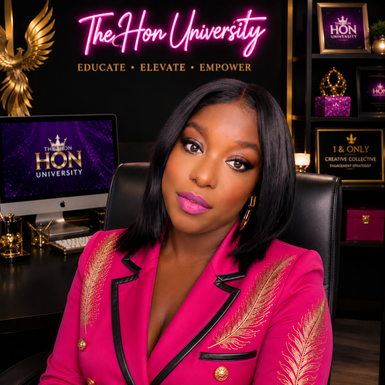 A woman with black hair, pink lipstick, and earrings sitting in front of a computer and a wall with neon signage that reads 'The Hon University'. She is wearing a pink blazer with gold feather designs and black trim. The office has dark decor with gold accents, including a gold feather sculpture and gold desk accessories.
