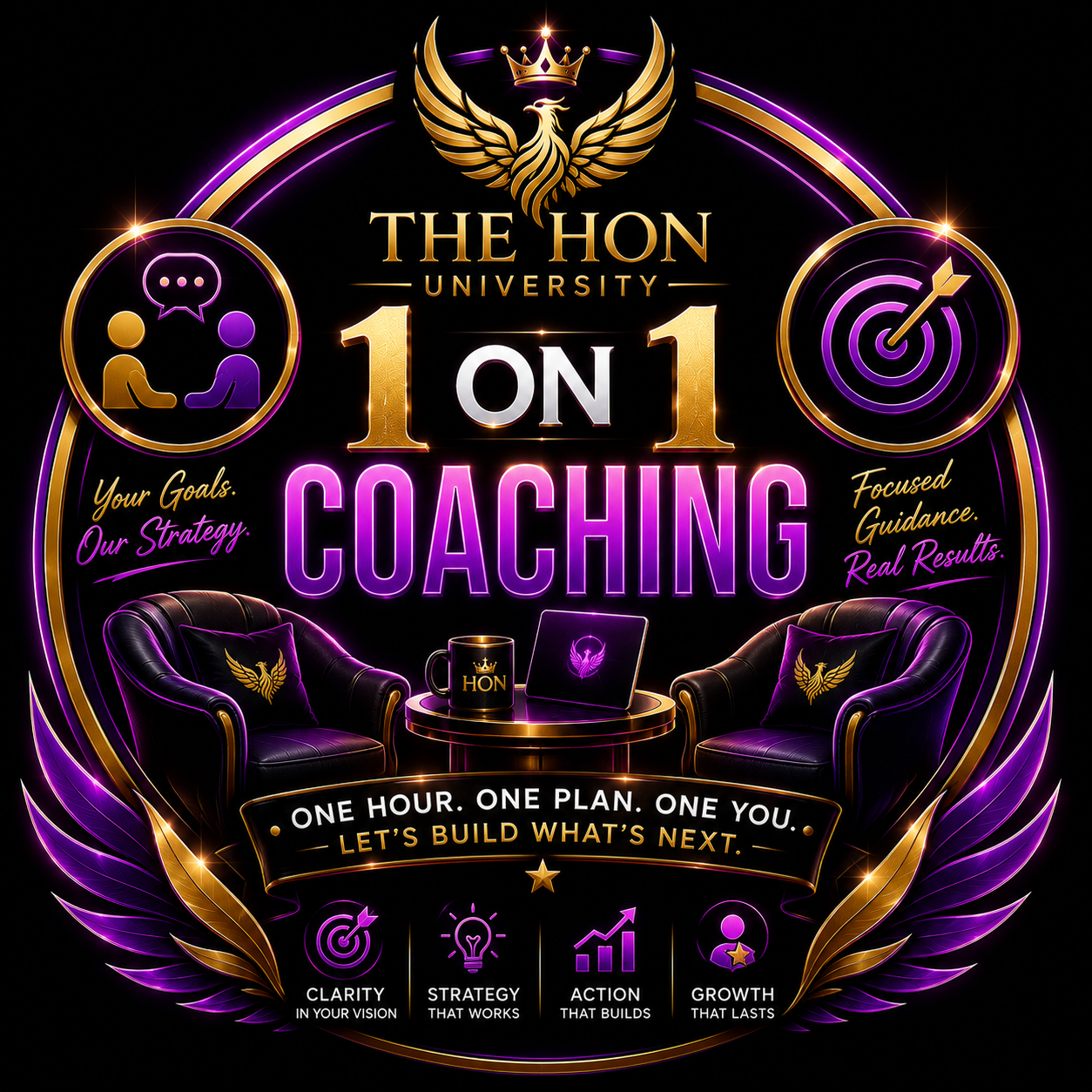 A promotional poster for The Hon University highlighting one-on-one coaching with visuals of two chairs, a coffee mug, and a laptop, emphasizing goals, strategy, focus, guidance, results, and development.