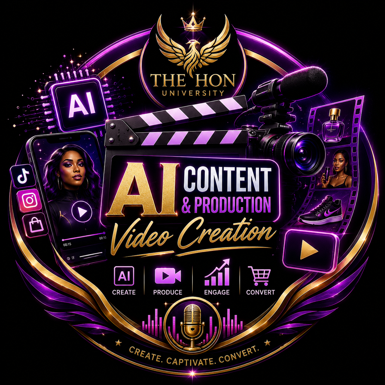 Graphic design promoting AI content and video creation at The HON University. Features include a camera, microphone, film strip, social media icons, and a woman holding a smartphone. Emphasizes creation, production, engagement, and conversion with icons for AI, video, analytics, and shopping.