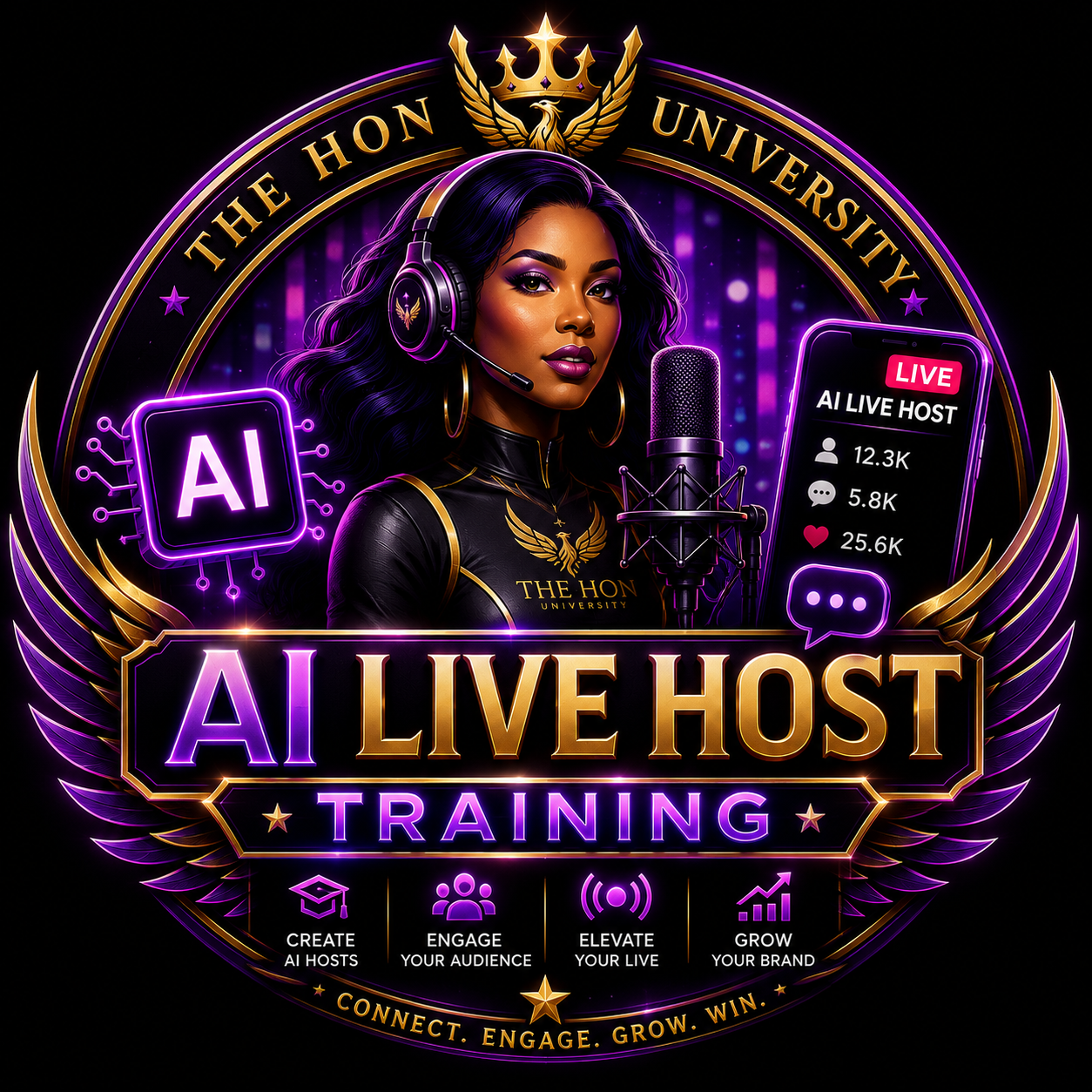 A digital illustration advertising Ai Live Host Training at The Hon University. It depicts a woman in a black and gold outfit with purple hair, wearing a headset, standing at a microphone. Behind her, there is an AI symbol, a smartphone screen with live video stats, and various icons promoting creating AI hosts, engaging audiences, elevating live sessions, and growing brands. The design features purple, gold, and black colors with neon lighting effects.