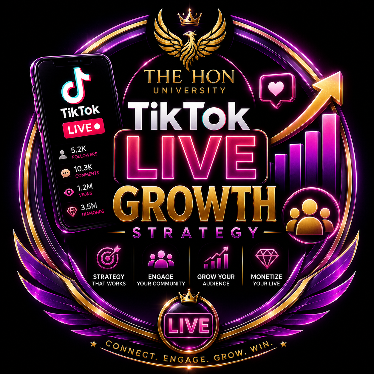 A digital graphic promoting TikTok live streaming, growth strategy, and engagement. It features a smartphone displaying TikTok follower, comment, view, and diamond counts, with neon pink and purple accents, a gold eagle crest, and icons representing strategy, community engagement, audience growth, and monetization.