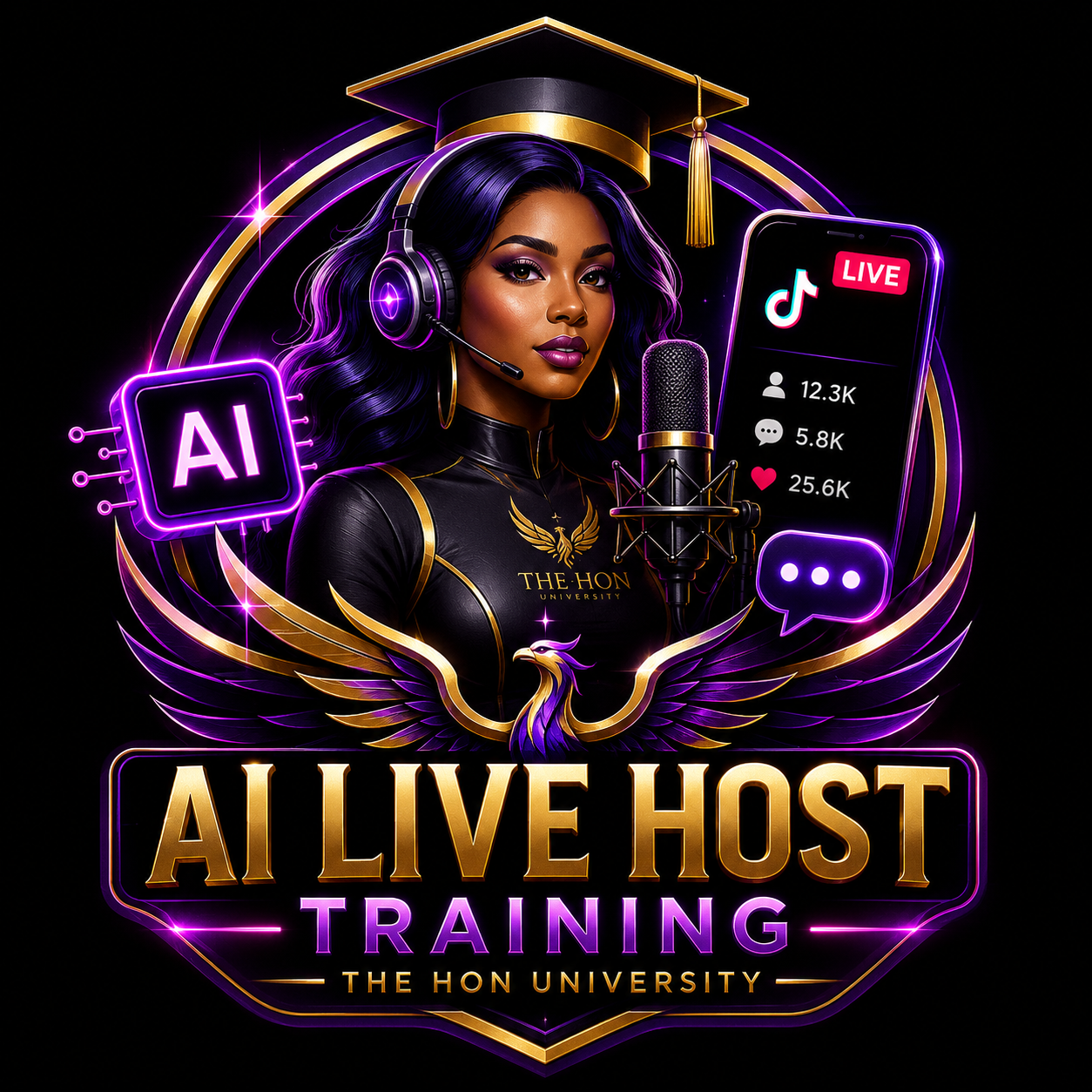 A woman with long black and purple hair, wearing a headset and a black outfit with gold accents, standing in front of a microphone. There are digital icons around her, including a TikTok live stream with viewer stats, an AI symbol, and a chat bubble. The image features neon purple and gold colors with text that reads 'AI Live Host Training' and 'The Hon University'.