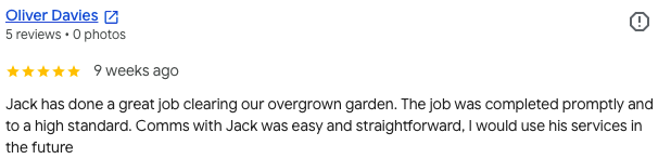 Screenshot of a five-star review for Jack from Oliver Davies, praising his work cleaning the overgrown garden.
