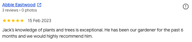 Screenshot of a Google reviews page for Abbie Eastwood, featuring a review praising Jack's knowledge of plants and trees.