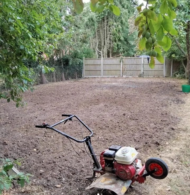 A backyard with a cleared and leveled area of dirt, surrounded by trees and a wooden fence. There is a small tiller or cultivator in the foreground.