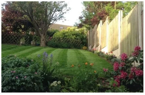 A backyard garden with a neatly mowed grassy area, colorful flowers along the border, a large tree, and a wooden fence.