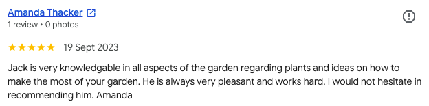 Screenshot of a Google review for Amanda Thacker, dated September 19, 2023, rating Jack's gardening knowledge and work ethic.