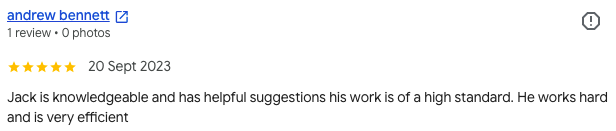 Screenshot of a Google review for Andrew Bennett, posted on September 20, 2023, with a 5-star rating, praising Jack's knowledge, helpful suggestions, high standards, hard work, and efficiency.