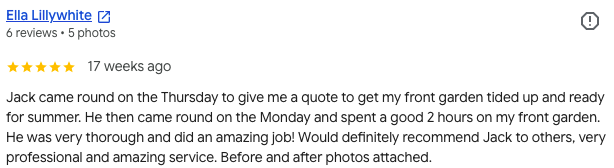 Screenshot of a customer review for Ella Lillywhite praising Jack for yard cleaning work.