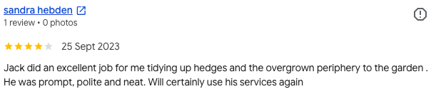 A 5-star review for Jack praising his hedge and garden upkeep skills, dated September 25, 2023.