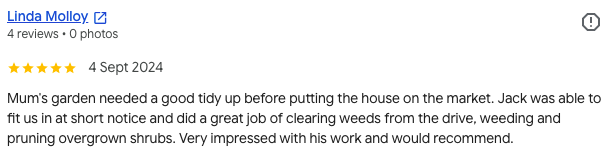 Screenshot of a Google review about a gardening service from Linda Molloy, dated September 2024, with a 5-star rating, mentioning successful yard cleanup and pruning.