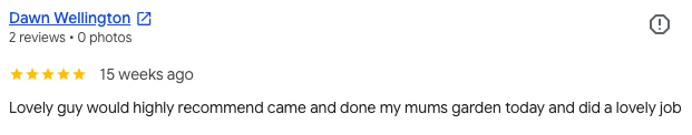 Screenshot of a review by Dawn Wellingon showing five-star rating and positive comments about gardening.