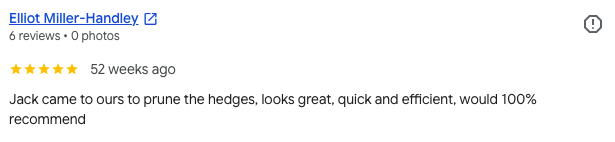 Screenshot of a 5-star review for Elliott Miller-Handley, praising his hedge pruning service.