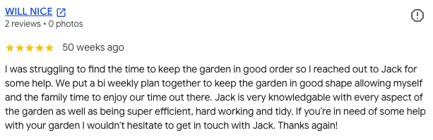 Screenshot of a five-star review about gardening assistance and advice.