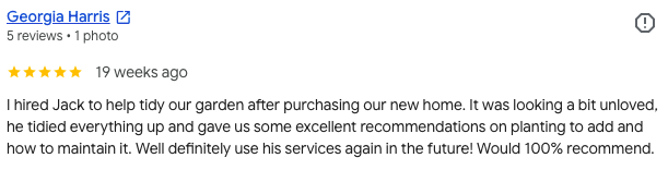 Screenshot of a 5-star review for Georgia Harris, praising Jack's gardening services after new home purchase.