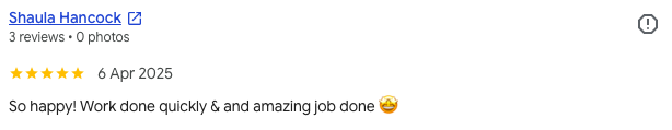 Screenshot of a positive online review for Shaula Hancock, dated April 6, 2025, praising quick work and an amazing job with a smiling emoticon.