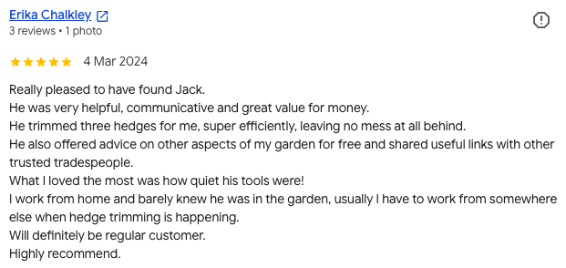 Screenshot of a 5-star review by Erika Chalkley from March 4, 2024, praising Jack for helpfulness and expertise in hedge trimming and garden advice.