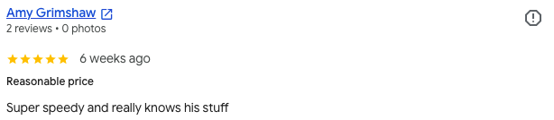 Customer review of Amy Grimshaw praising her for reasonable prices and quick service.