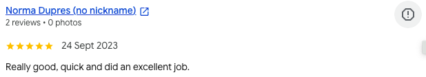 Screenshot of a Google review from Norma Dupres, dated September 24, 2023, with a 5-star rating, praising a quick and excellent job.