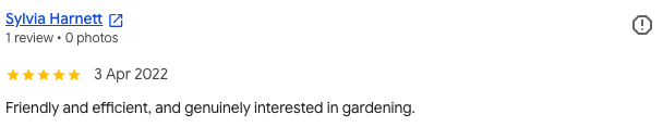 Review by Sylvia Harnett praising friendly, efficient, and genuine interest in gardening, dated April 3, 2022.