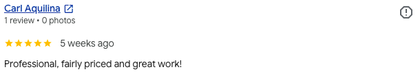 Screenshot of a 5-star online review for Carl Aquilina, praising his professional and affordable work.