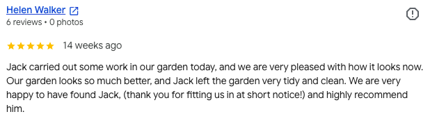 Customer review praising Jack for yard work, mentioning improvements and cleanliness.
