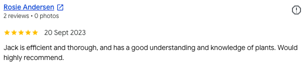 Screenshot of a Google review by Rosie Andersen with 5 stars, dated September 20, 2023, recommending Jack for his efficiency, knowledge of plants, and thoroughness.