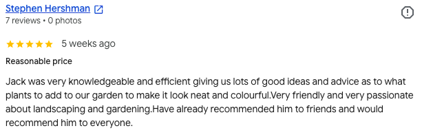 Screenshot of a customer review for Stephen Hershman, praising his knowledge and advice on gardening and landscaping.