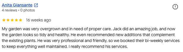 Screenshot of a positive online review for Anita Giansante, praising her garden care services.