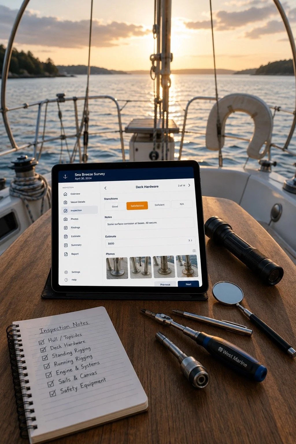 The app running on a tablet on a cockpit table view aft with setting sun