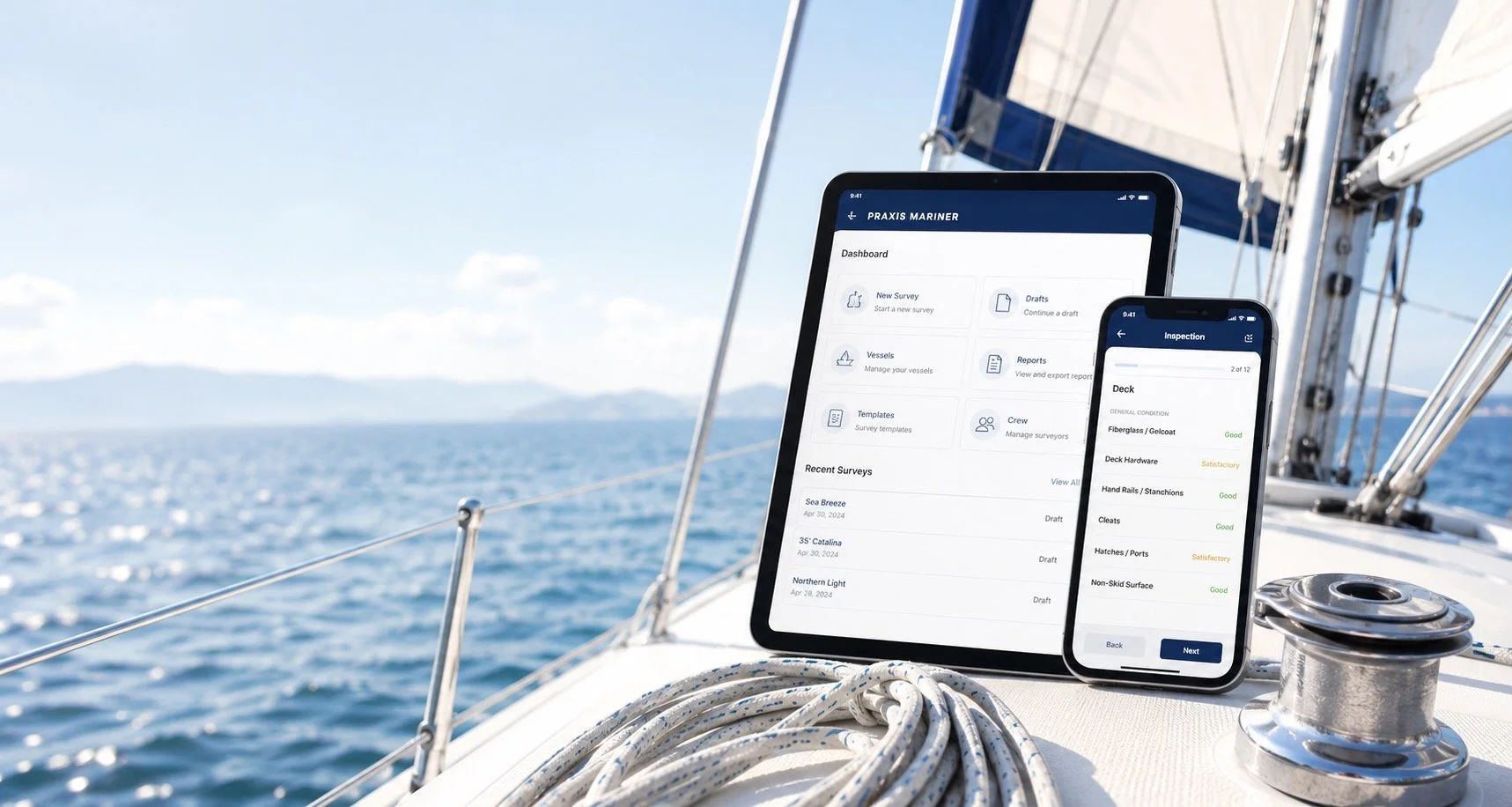 Survey app running on a tablet and phone on the deck of a sailboat