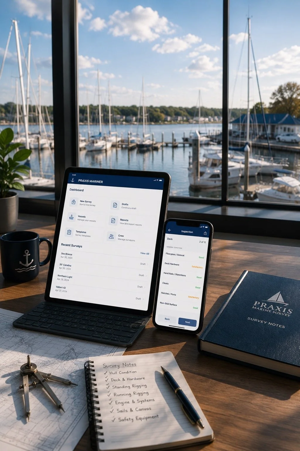 View of marina from office showing a tablet running survey software