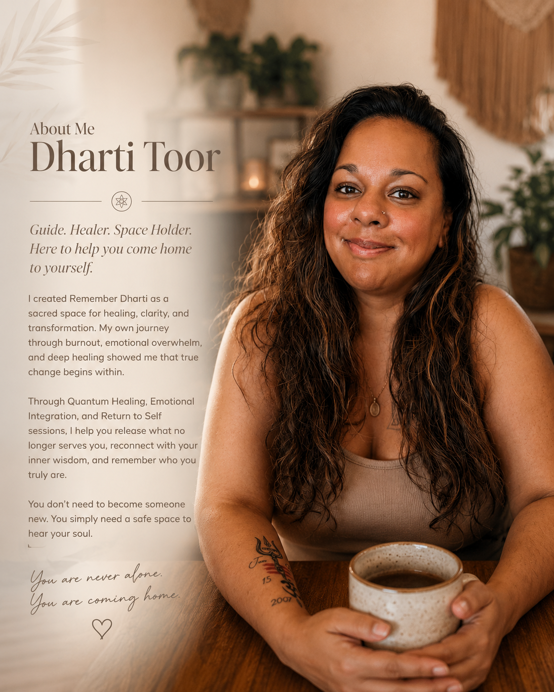 A woman with curly hair smiling and holding a cup of coffee, sitting at a wooden table in a cozy, well-decorated room with plants and wall hangings.
