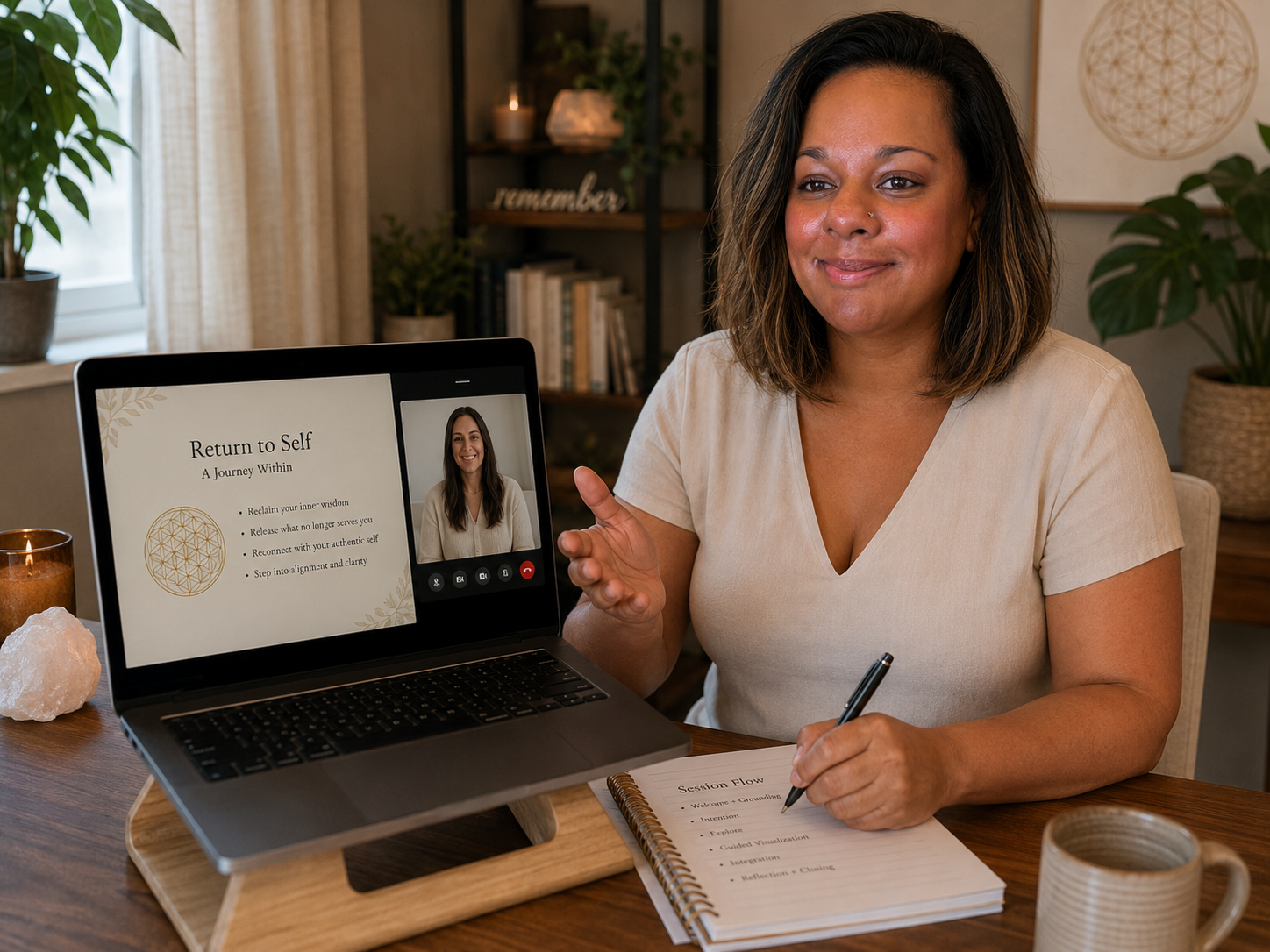 Woman participating in a virtual meeting at home, with a presentation titled 'Return to Self' on her laptop screen, sitting at a wooden table with a notebook and pen, surrounded by plants and cozy decor.