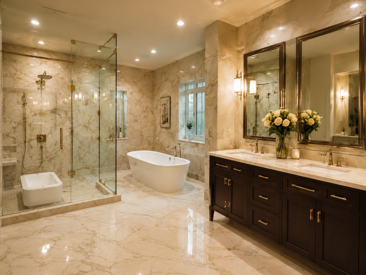 Luxurious bathroom with marble floors and walls, a glass shower, a freestanding bathtub, a dark wooden vanity with two sinks, large mirrors, and floral decor.