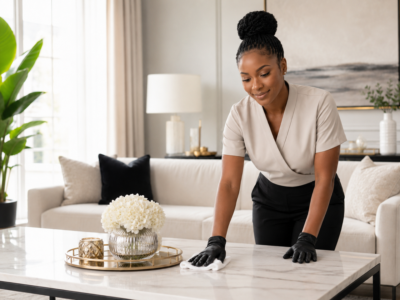 Woman in beige blouse and black gloves cleaning a marble coffee table with a white cloth, decorated with a glass vase of white flowers and a gold candle holder in a living room.