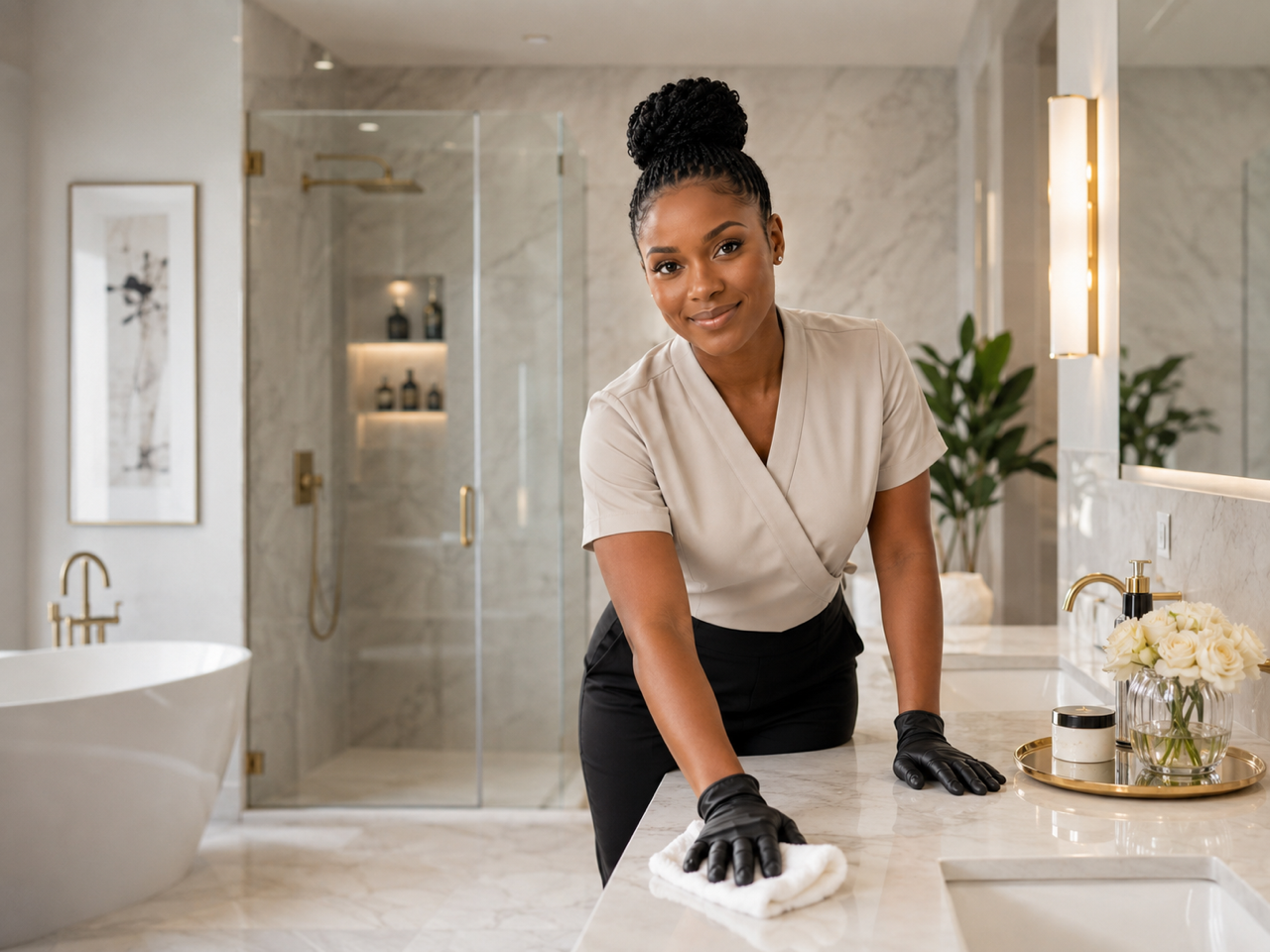A woman in a beige shirt and black gloves is cleaning the bathroom countertop with a white cloth. The bathroom has a modern aesthetic with a bathtub, glass shower, and decorative items like a flower vase and skincare products on a tray.