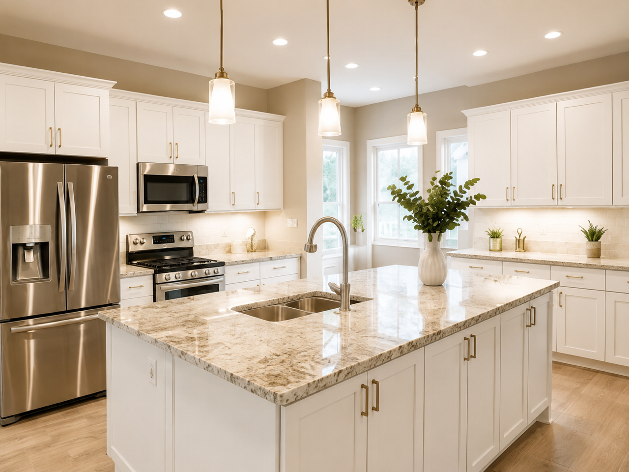 Modern kitchen with white cabinets, granite countertops, stainless steel appliances, a kitchen island with a sink and a vase with green foliage, hanging pendant lights, and large windows providing natural light.