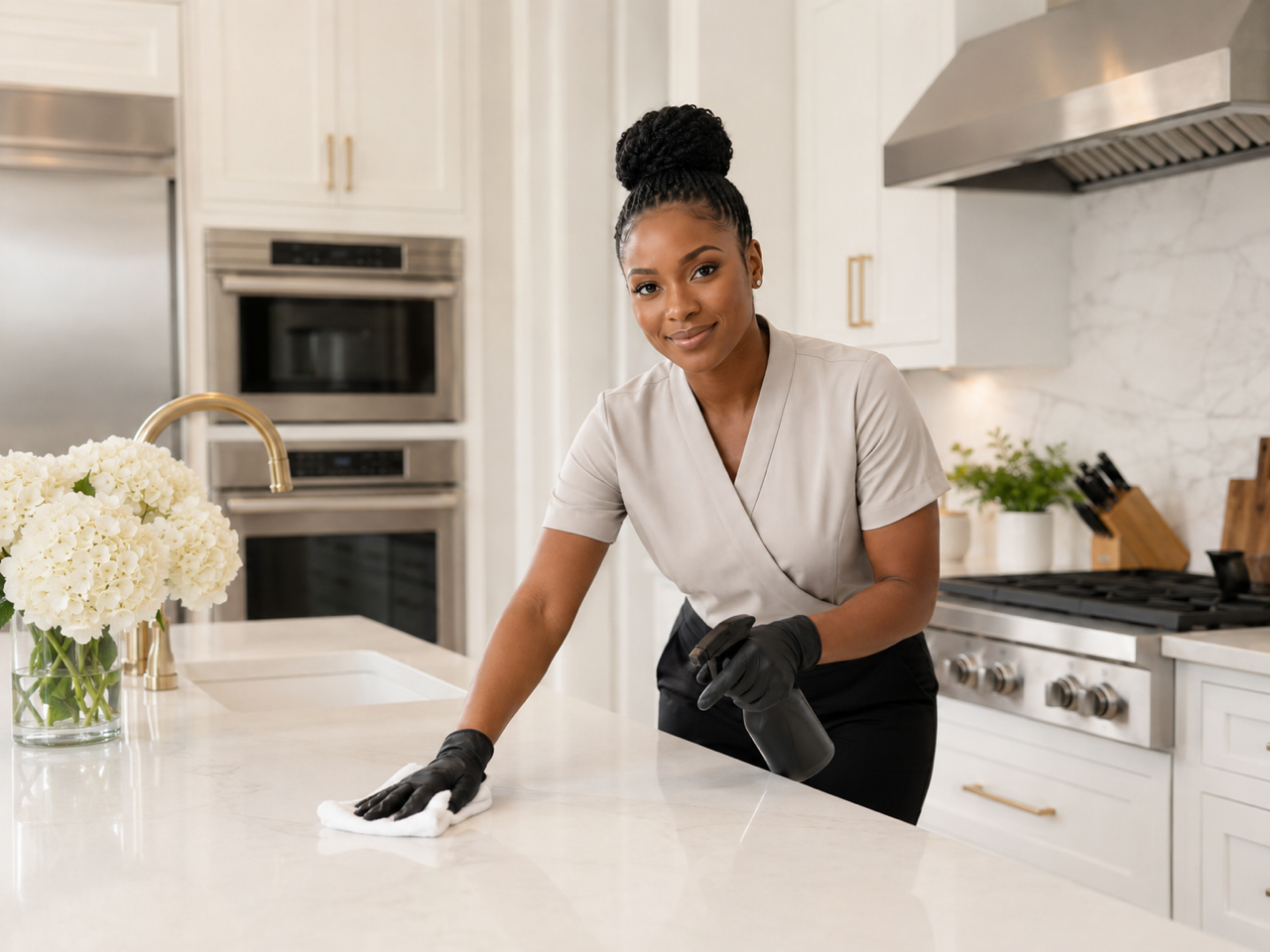 A woman cleaning a kitchen countertop with a spray bottle and cloth, wearing black gloves and a beige uniform, in a modern white kitchen.